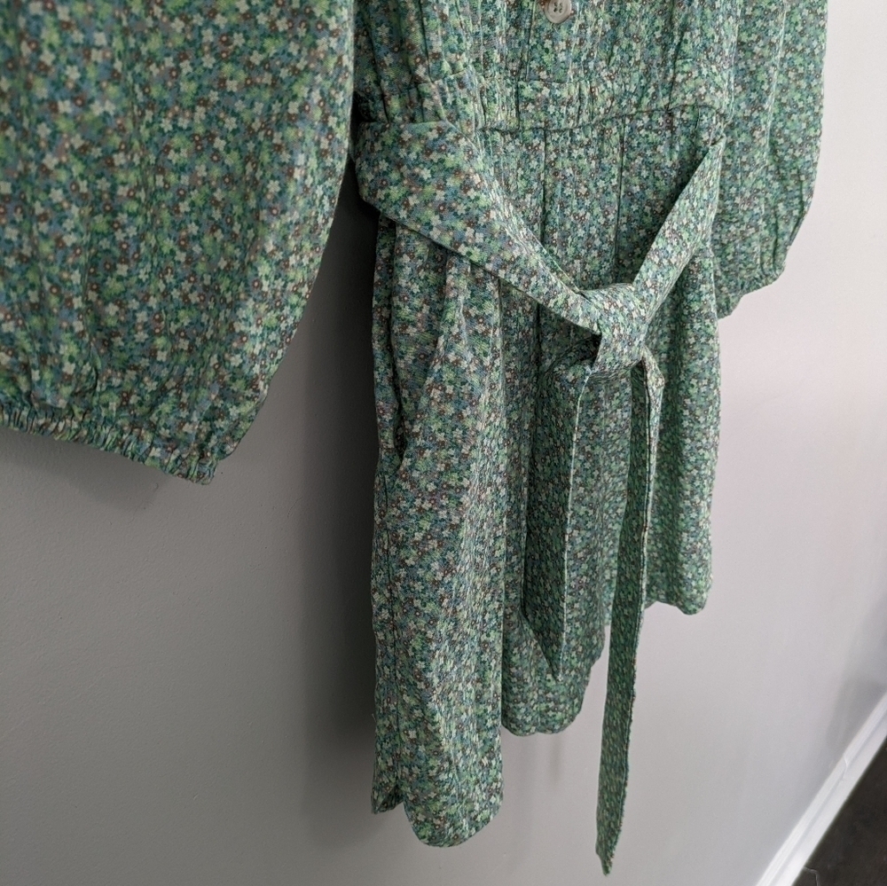 FRNCH Romper Women's Large Green Floral Talia Sage Tie Waist Puff Sleeve - Picture 6 of 10